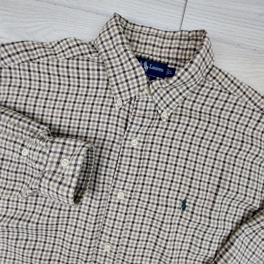 Ralph Lauren Shirt Blake Button Down Mens Large Brown Tan‎ Check Preppy Dad Frat